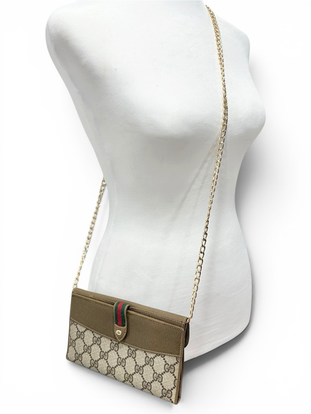 Gucci GG Supreme Canvas & Leather Red & Green Sherry Stripe Wallet on Chain